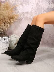 Botas femininas dobráveis 2025, cano alto, bico fino, salto alto, cano alto, cano médio, fashion, botas com zíper lateral - Preto - Ver 7