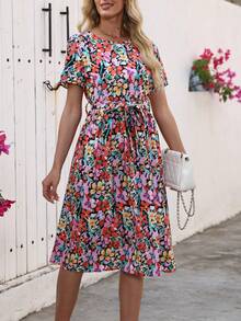 女士优雅花卉印花中长连衣裙，短袖，圆领，抽绳腰带 - 适合所有季节，休闲到正式服装，休闲装|花卉印花连衣裙|短袖上衣，花卉印花连衣裙 - 黑色 - 查看 7