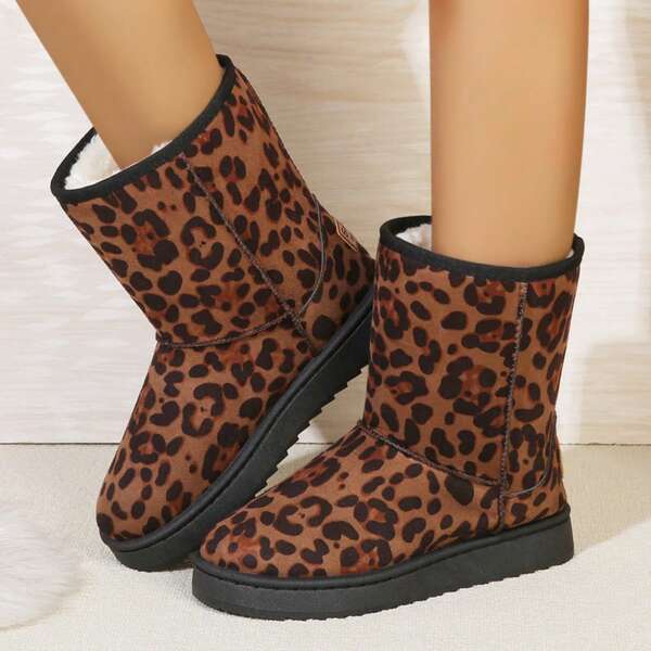 Classic Thick Plush Lined Student Boots, Thick Sole Versatile Mid-Calf Boots, One-Push Leopard Print Tall Boots