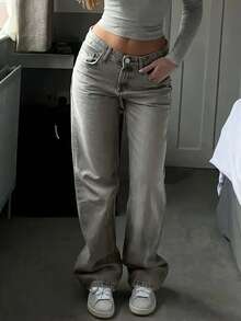 少女雪花水洗休闲牛仔裤 - 灰色 - 查看 1