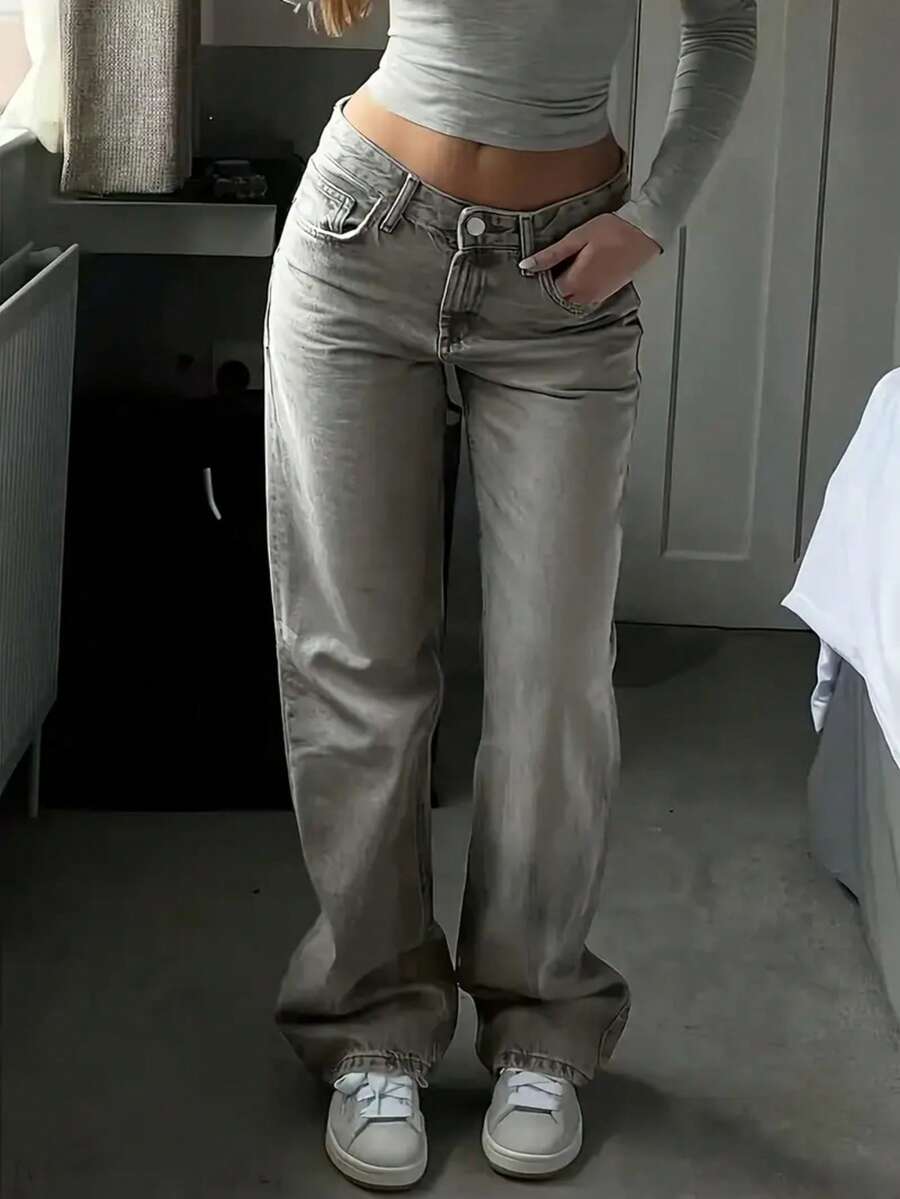 少女雪花水洗休闲牛仔裤 - 灰色 - 查看 1