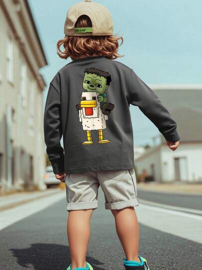 1pc Toddler Boys' Casual Chick & Building Block Print Crew Neck Long Sleeve T-Shirt, Comfortable Student Wear, Autumn