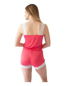 Pijama Mono Tirantes De Encaje Ligera Fresca Elegante Mujer Confortable y Suave Para Dormir Moda Verano - Rosa rosa - Ver 3