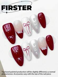 10pcs Medium-Long Almond Handmade Press On Nails,Fake Nails,Red Nails,Christmas Nails,Press On Nails Y2k,Glossy Nails,French Tip Nails,Pearl Nails,Acrylic Press On Nails,Nail Reusable Nail Art Design Nail Products For Women And Girls