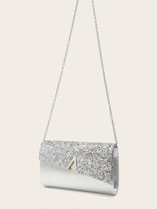 Fashionable & Elegant Sequin Patchwork Velvet Clutch Bag - Silver - View 7