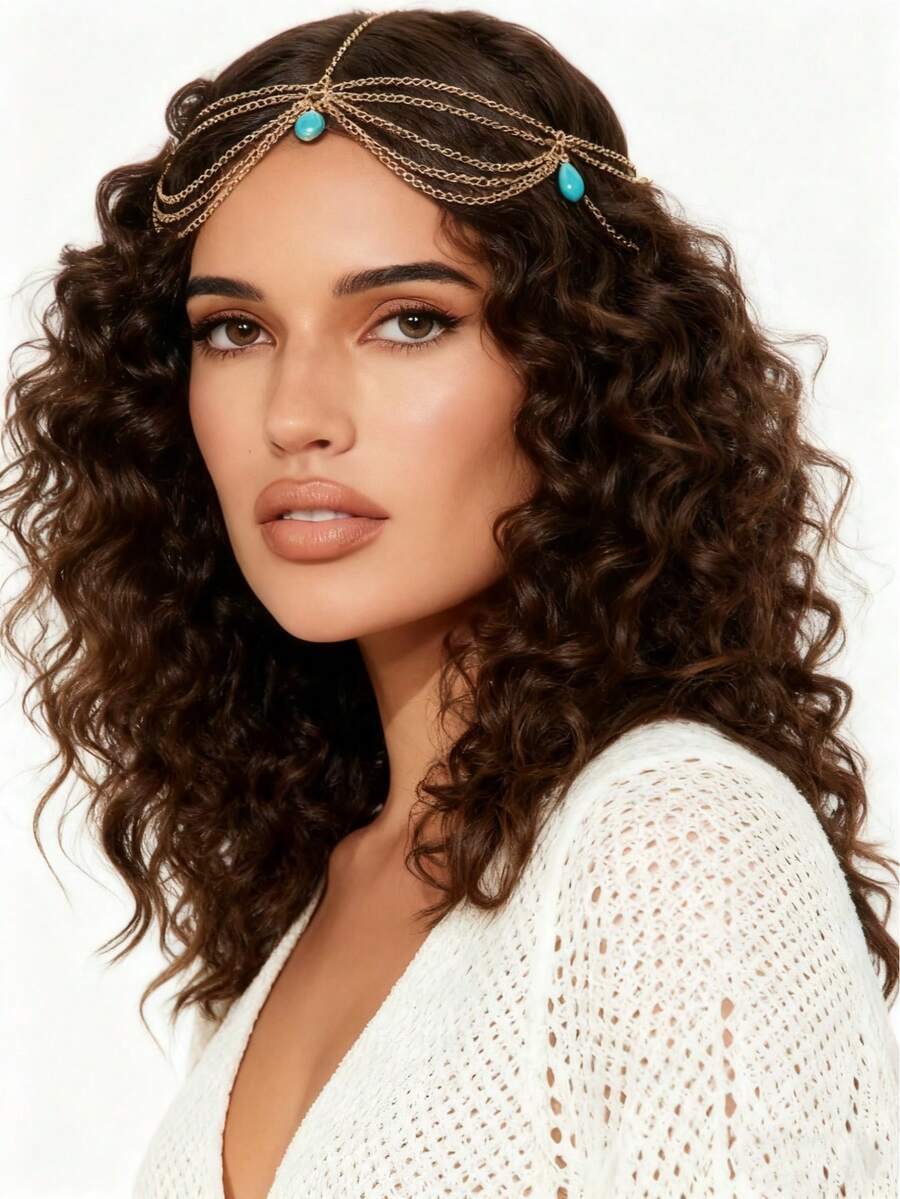 Un accesorio de cabello, tocado, joyería para el cabello, cadena para la cabeza, elegante y sutil - Azul - Ver 1