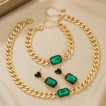 Conjunto de joyería bohemia elegante y exagerada de 4 piezas en color verde, con collar brillante, pulsera, colgante y aretes - Adecuado para uso diario y ocasiones de fiesta