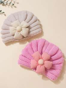 2pcs Floral Baby Knit Beanies, Solid Color, Suitable For Daily Wear - Multicolor - View 2