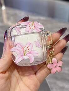 透明蝴蝶百合花图案保护套，兼容苹果 Pro 2无线蓝牙耳机，柔软简约设计，男女皆宜。 - 粉色 - 查看 9