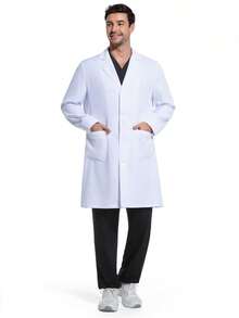 男士长袖V领多口袋手术服外套，护士制服，牙医、医疗保健、宠物医院、实验室工作服 - 白色 - 查看 5