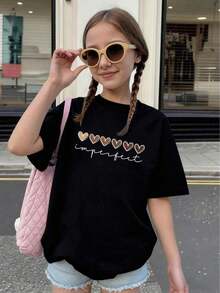 Camiseta casual de niña con estampado de corazones en degradado, suelta y cómoda (8-12) - Blanco - Ver 6