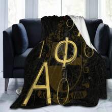 [Personalized Flannel Blanket]Alpha Phi Alpha Fraternity Inspi Ultra-Soft Flannel Blanket - Black With Golden Greek Letter Design, Warm & Cozy All-Season Throw For Living Room, Office, Travel - Perfect Gift For Home Decor & Fraternity Members, Fraternity Blanket, Office Comfort Item, Sophisticated Design, Durable Comfort - 30英寸x40英寸 - 查看 5