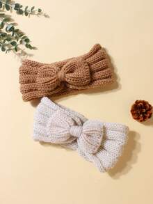 2pcs Newborn Baby Brown Knitted Bow Headband Set, Suitable For Everyday Use, Autumn/Winter