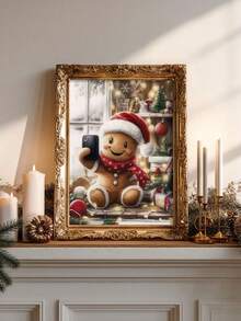 2D plat, 1 pièce Peinture de bonhomme en pain d'épices d'hiver de Noël, décoration de vacances imperméable à l'encre avec chapeau de Père Noël et paysage enneigé, style art déco moderne classique pour salon, chambre, cuisine, salle de bain, bureau à domicile, dortoir - cadeau parfait, décoration de pièce de vacances, sans cadre