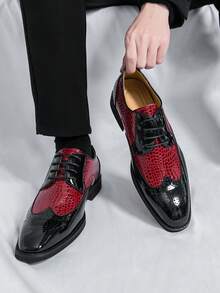 Men's Crocodile Embossed Color Block Pointed Toe Lace-Up Formal Dress Shoes, Suitable For Wedding, Office, Party - Red - View 2