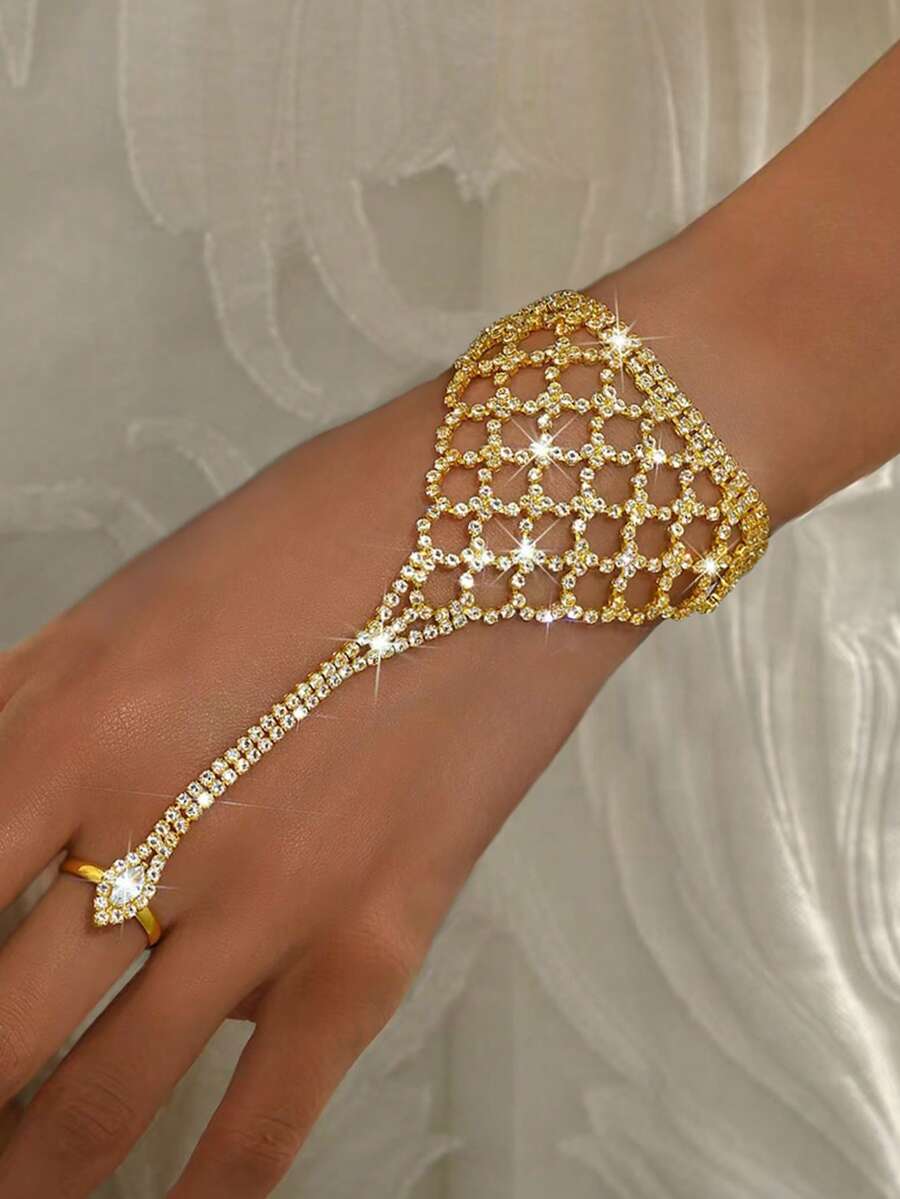 1pc European&American Fashion Accessory, Unique Grid Rhinestone Linked Hand Chain, Sparkling Decor - Gold - View 1