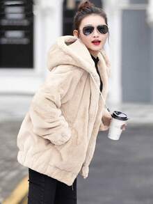 Women's Mid-Length Fleece-Lined Hooded Jacket - Winter Loose Style With Plush Warmth, Long-Sleeve Cozy Outerwear For Cold Days Christmas Gifts Basics Christmas Clothes - Màu be - Xem 1