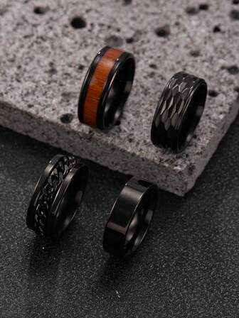 4 件男士不锈钢戒指套装，复古木纹戒指，个性浮雕格纹戒指，经典扁平戒指，时尚单链戒指，配饰，适合男士日常佩戴、节日、约会、礼物