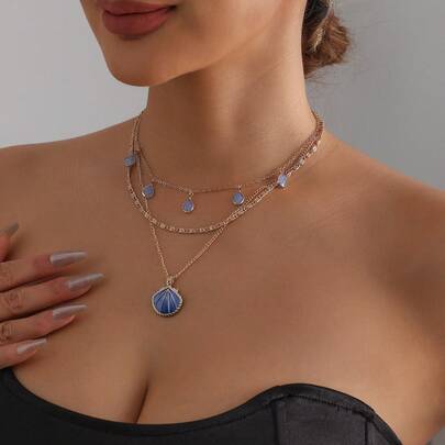 1pc Vintage Glazed Blue Seashell & Water Drop Layered Necklace For Women