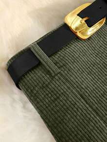 EARO 休闲百搭街头风格灯芯绒高腰 A 字开衩裙，松紧腰身修身设计，时尚优雅，适合秋冬 - 軍綠色 - 查看 5