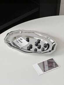 1 khay vành hình bầu dục bằng thép không gỉ, đĩa tráng miệng phong cách cổ điển cho trà chiều, bánh ngọt và đồ ngọt - Bạc - Xem 2