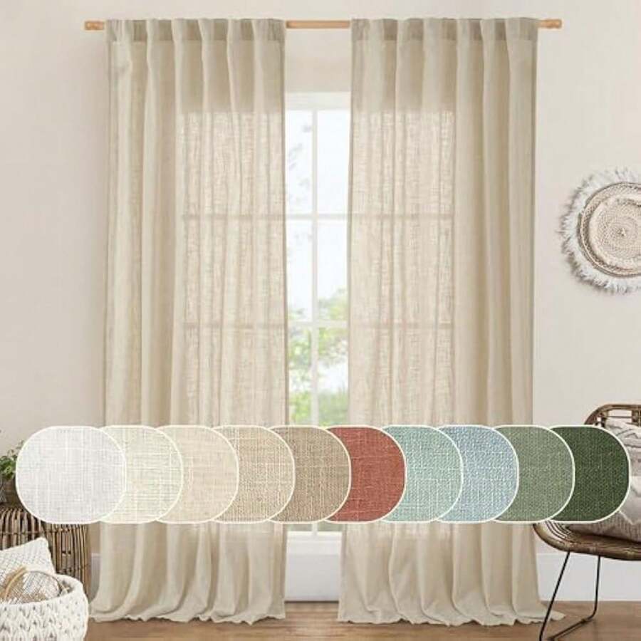 95 Inch Natural Linen Semi Sheer Light Filtering Curtains With Back Tab And Rod Pocket For Living Room, Bedroom, French Door, Set Of 2, 52 X 95 Inch - Linen - View 1