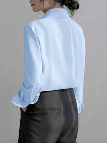 Women's Elegant Solid Color Long Sleeve Shirt - Classic Collar Non-Sheer Blouse, Premium Fabric For Spring, Summer, Fall, Versatile For Casual And Professional Wear, Machine/Dry Cleanable, Streamlined Design, Refined Texture - Sky Blue - View 4
