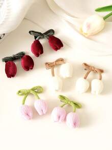 2pcs/6pcs Set Handmade Knitted Tulip Flower Hair Clips, Ribbon Hair Accessories, Fashion Versatile Side Bangs Hairpins, Women Autumn/Winter Hair Decor, Hair Slide, Hair Barrettes