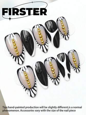10pcs Almond Handmade Press On Nails,Press On Nails Medium,Nail Art,Black French Tip Nails,Retro Style,Fall Press On Nails,Hand-Painted,Poly Gel Nail Kit,Metallic Nails,Nail Stuff,Suitable For Parties, Celebrations, Daily Wear, Includes Tools, Ideal Gift For Women And Girls