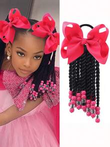 1 pieza Peluca de coleta trenzada con cuentas y lazo para niñas, estilo trenzado con clip, adecuado para niñas - Negro natural - Ver 13
