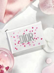 Dior Cute Girl Cosmetic Bag, High-Quality Transparent Makeup Pouch With Embroidery, Pink Lovely Heart-Shaped Embroidery Design, Travel Essential - White - View 7