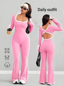 AITYI Studio 女士连体裤，时尚设计，户外街头镂空U领撞色织带设计，运动健身塑形修身性感舒适Y2K风格，适合日常、通勤、派对、度假、独立日、返校、情人节、骄傲月、狂欢节、音乐节等场合，2026春季新款舒适针织喇叭裤连体裤 - 粉色 - 查看 3