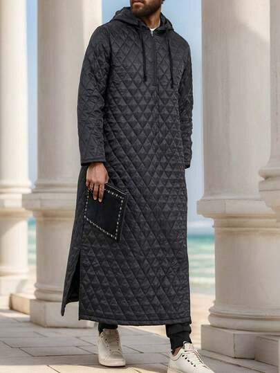 Winter Muslim Long Hooded Thick Down Jacket, Diamond Quilted Sweatshirt, Side Pockets, Front Zipper Kamisweat