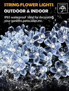 Cordão de luzes de Natal solares, 20/50/100 LEDs, luzes solares de cerejeira, à prova d'água para pátio externo, luzes solares em formato de flor com 8 modos de iluminação, luzes de fada solares para jardim, quintal, varanda, casamento, festa, camping, decoração de árvore de Natal, luzes de decoração de Halloween e Natal. - Preto - Ver 6