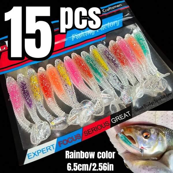 15 piezas Juego de señuelos blandos coloridos, cebo artificial blando de 6.5cm/2.56 pulgadas para pesca de bagre y perca