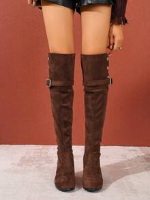 女士过膝长靴，粗跟，保暖，搭扣闭合，圆头，高跟，有弹性，适合秋冬季