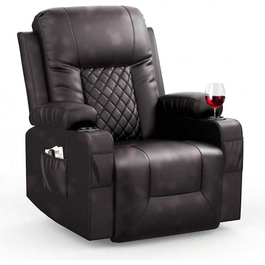 FURNIMAT - Sillas reclinables para adultos, balancines de masaje con calefacción, moderna, ergonómica, giratoria, 360 grados, sofá individual, asiento, sala de estar, salón, reclinables, color blanco - Marrón - Ver 1