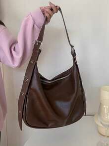 (8769)Women's Medium Synthetic Leather Hobo Bag For Work And Leisure - 棕色 - 查看 1