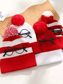 1 Set Of Warm Red And White Knitted Hats And Lensless Glasses Frame Role-Playing Christmas Gifts For Winter Men's And Women's Valentine's Day Hats - Multicolor - View 4