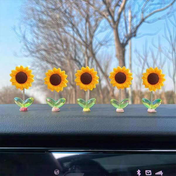 5pcs Cute Nodding Sunflower Car Decor, Refreshing Flower Ornament, Dashboard Decoration