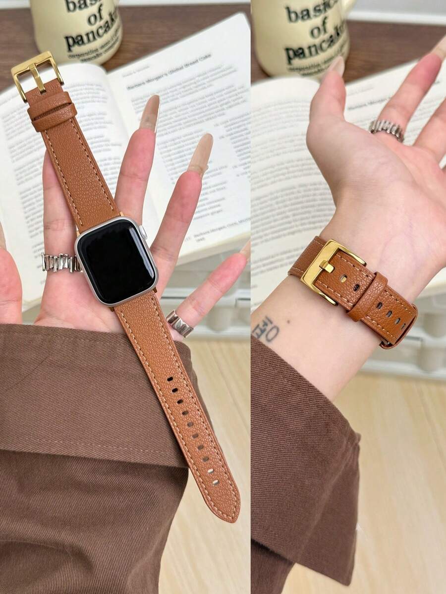 1 dây đeo đồng hồ bằng da thật, tương thích với Apple Watch, kiểu dáng nữ, có các màu vàng, đen, bạc, kiểu thể thao, phù hợp với kích thước 38mm, 40mm, 41mm, 42mm, 44mm, 45mm, 46mm, 49mm, tương thích với Apple Watch Ultra 11/10/9/8/7/6/5/4/3/2/1 SE Series - Vàng - Xem 1