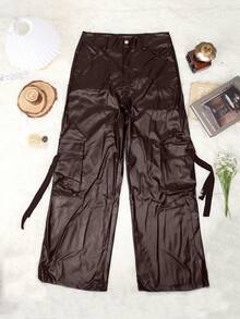 Apperloth A Street Style Flap Pocket Side Tape PU Leather Wide Leg Cargo Pants - Brown - View 6
