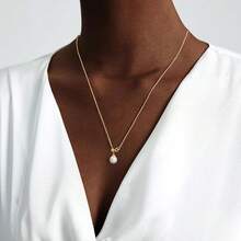 Luxval Lariat Gold Necklace For Women, Dainty Long Necklace 14k Gold Plated/Silver Y-Shaped Pendant Necklaces  Beaded Chain Drop Necklaces Jewelry For Women Gifts{"Color_name":"Gold-AdjustablePearl"} - 金色可調式珍珠 - 查看 5