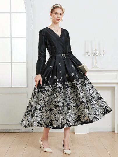 Váy Maxi dự tiệc cưới dài cổ chữ V dệt Jacquard sang trọng dành cho nữ, Thu/Đông