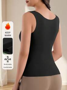 High Quality Comfortable Laides Rib Thermal Solid Thermal Lined U-Neck Thermal Tank Top Sleeveless Warm Ribbed Clothing For Women Winter - Black - View 4