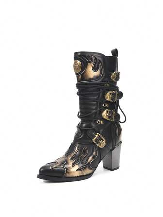 做旧哥特式复古火焰设计尖头骑士中筒靴，女式，防水