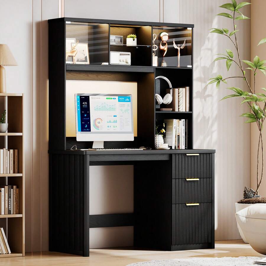 HWB Computer Desk With 3 Drawers & Hutch, Executive Office Desk With Power Outlets & LED Reading Light, Black Desk With Storage Shelves For Home Office Work And Study - Xem 1