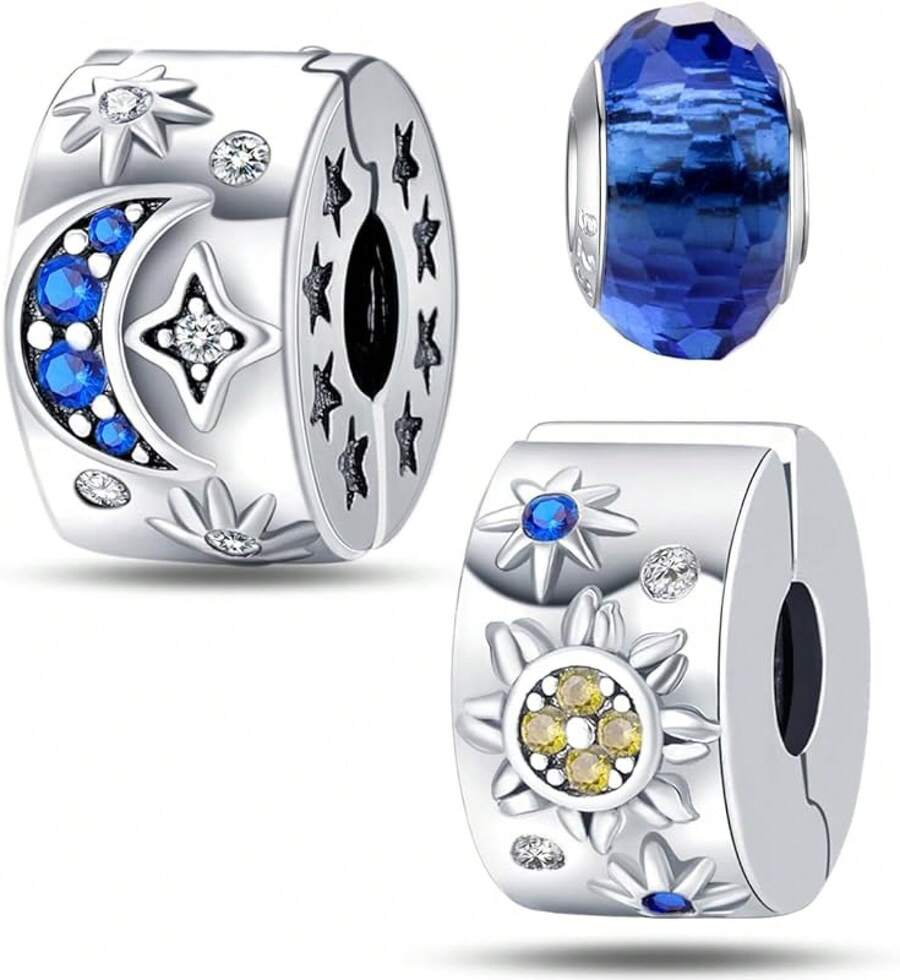 HappyStar 925 Sterling Silver Charms For Bracelets And Necklaces,Combination Dangle Pendants Beads Charms Jewelry Gift For Couples Sisters.(With Spacer Beads) - Kẹp hình ngôi sao và mặt trăng (2 chiếc) - Xem 1