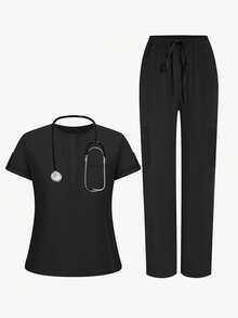 cimmuovere Women's Round Neck Short Sleeve Loose Elastic Waist Pants Scrubs Nurse Scrubs Workwear Dentist Healthcare Pet Hospital Laboratory Uniform Set - 黑色 - 查看 8