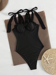 PEPPERMOLLY Women's Black Underwire One-Piece Swimsuit With Bow Shoulder Straps - Doll Style Beach Outfit - Black - View 10